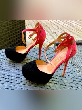De Blossom Collection Black and Hot Pink Suede Two-Tone Ankle Strap Heels